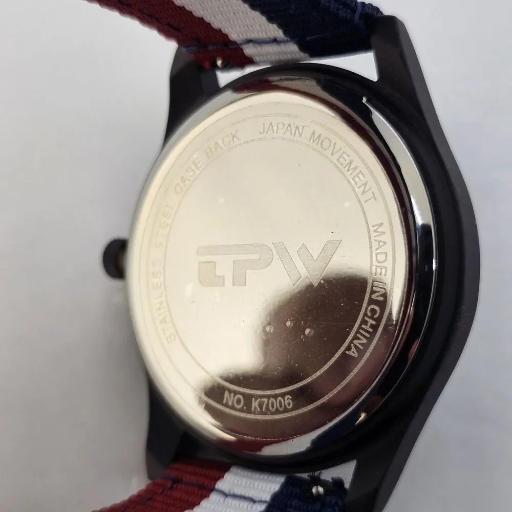 Men's 42MM Field Watch‎ Black Dial Blue White Red Canvas Band Straps New Battery